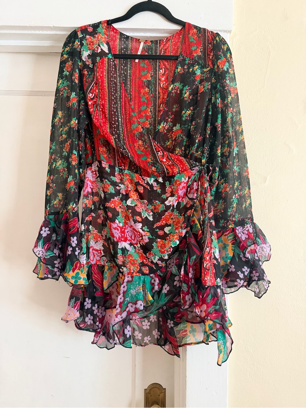 Free People Black Floral Long Sleeve Patchwork Wrap Dress